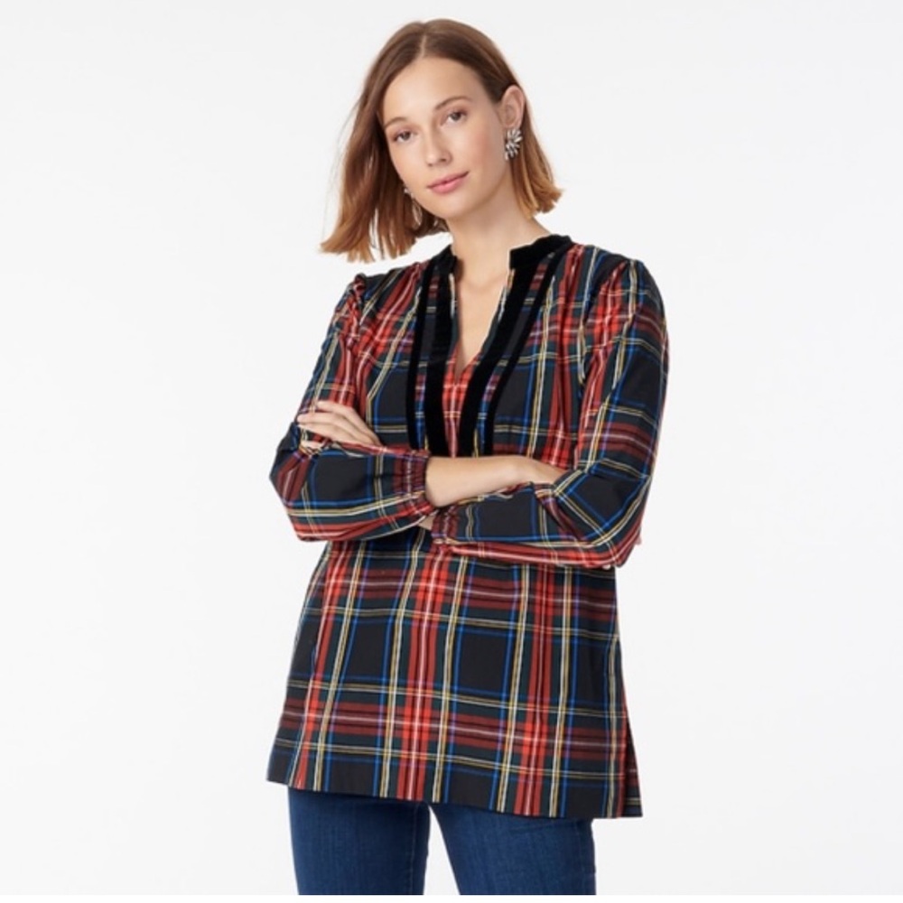 J. Crew Christmas Velvet Trimmed V-Neck Tunic In Black Stewart Tartan Size M